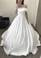 Lace Off-The-Shoulder Sleeveless Ball Gown Wedding Dress with Satin Chapel Train BM bride