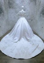 Lace Off-The-Shoulder Sleeveless Ball Gown Wedding Dress with Satin Chapel Train BM bride