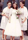 Elegant Ball Gown: Scalloped Neck 3/4 Sleeve Tea-Length Lace Wedding Dress BM bride