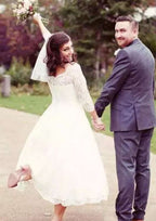 Elegant Ball Gown: Scalloped Neck 3/4 Sleeve Tea-Length Lace Wedding Dress BM bride