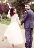Elegant Ball Gown: Scalloped Neck 3/4 Sleeve Tea-Length Lace Wedding Dress BM bride