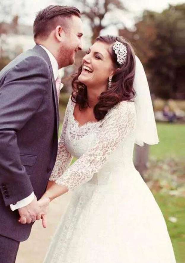 Elegant Ball Gown: Scalloped Neck 3/4 Sleeve Tea-Length Lace Wedding Dress BM bride
