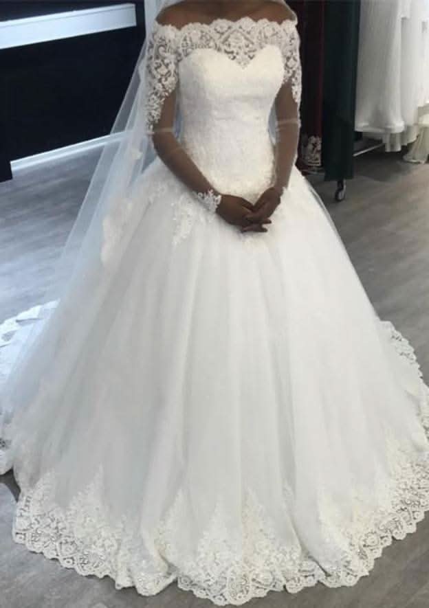 Appliqued Lace Ball Gown with Off-the-Shoulder Full Long Sleeves and Court Train in Tulle BM bride