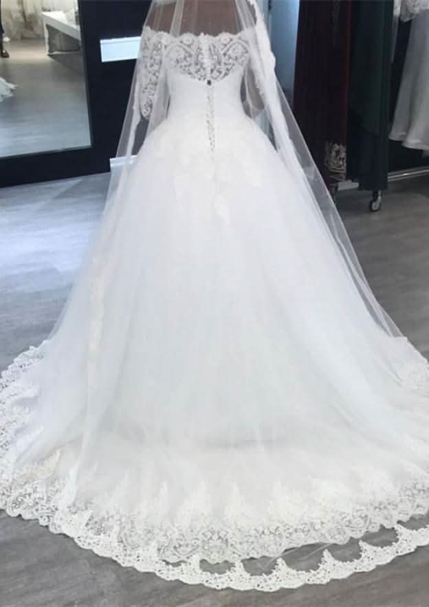 Appliqued Lace Ball Gown with Off-the-Shoulder Full Long Sleeves and Court Train in Tulle BM bride