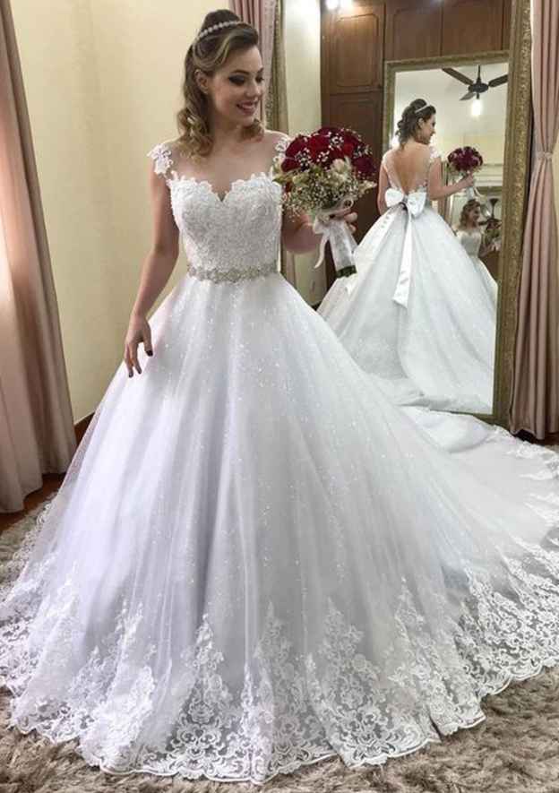 Appliqued Bowknot Waistband Ball Gown with Bateau Neckline and Sleeveless Design, Court Train in Lace BM bride