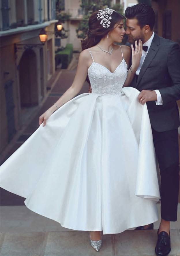 Elegant Ball Gown Sweetheart Sleeveless Ankle-Length Satin Wedding Dress with Lace Accents BM bride