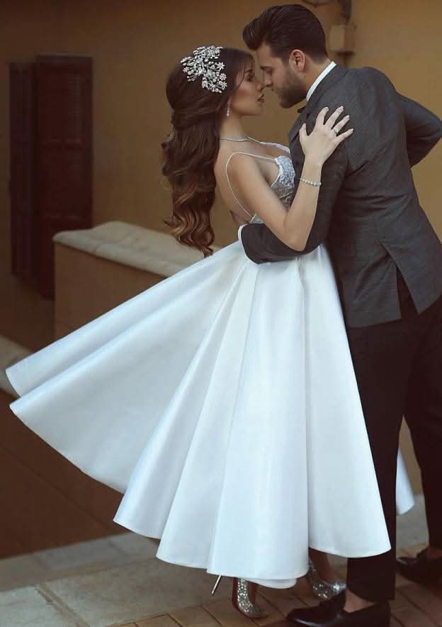 Elegant Ball Gown Sweetheart Sleeveless Ankle-Length Satin Wedding Dress with Lace Accents BM bride