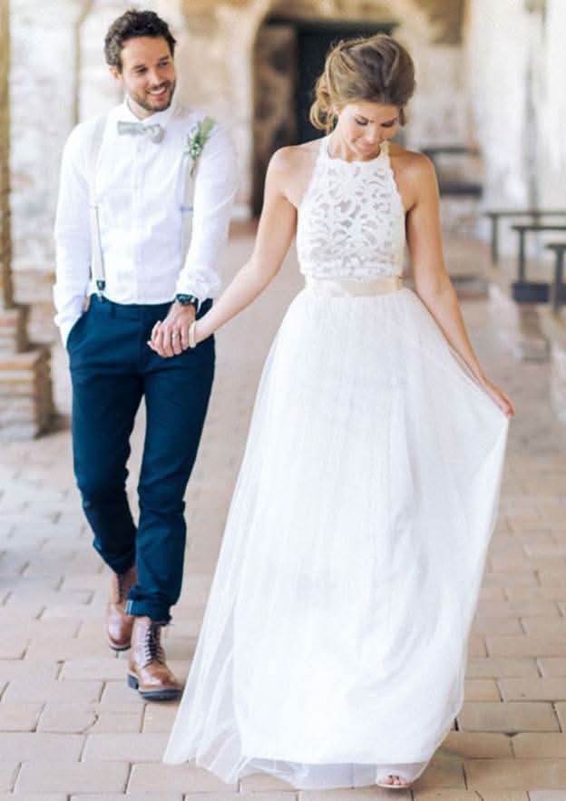 Beautiful A-Line/Princess Scoop Neck Sleeveless Long Floor-Length Tulle Wedding Dress with Lace Sashes BM bride