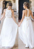 Beautiful A-Line/Princess Scoop Neck Sleeveless Long Floor-Length Tulle Wedding Dress with Lace Sashes BM bride
