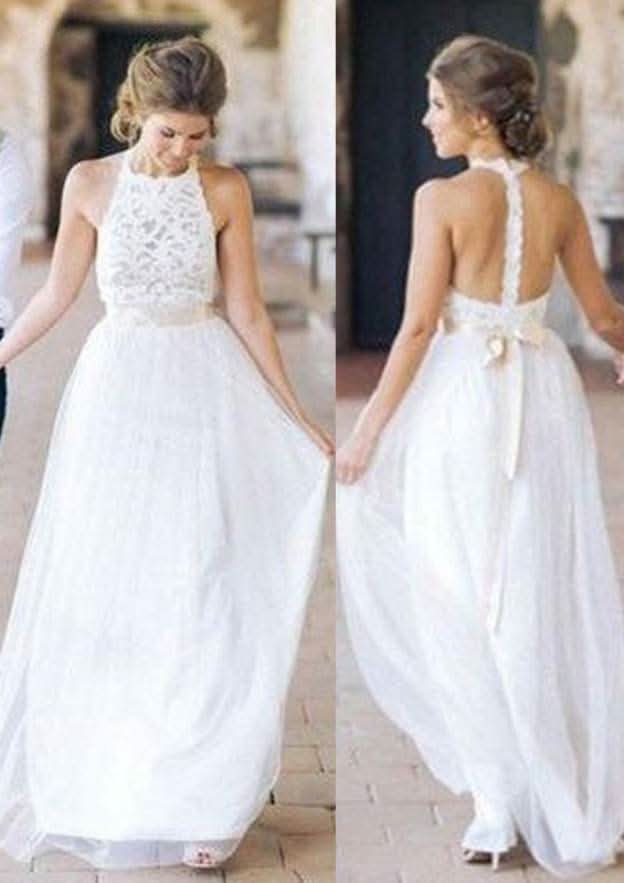 Beautiful A-Line/Princess Scoop Neck Sleeveless Long Floor-Length Tulle Wedding Dress with Lace Sashes BM bride