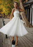 Lace Waistband Scoop Neck Sleeveless A-Line Wedding Dress with Tea-Length Tulle Skirt BM bride