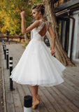 Lace Waistband Scoop Neck Sleeveless A-Line Wedding Dress with Tea-Length Tulle Skirt BM bride