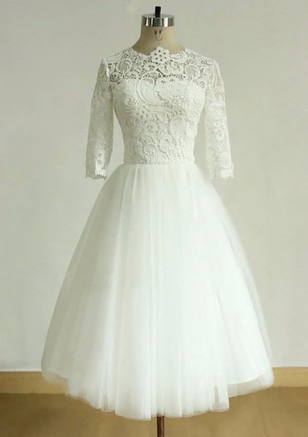 Elegant A-Line/Princess Scoop Neck Half Sleeve Tea-Length Wedding Dress: Tulle with Lace Accents BM bride