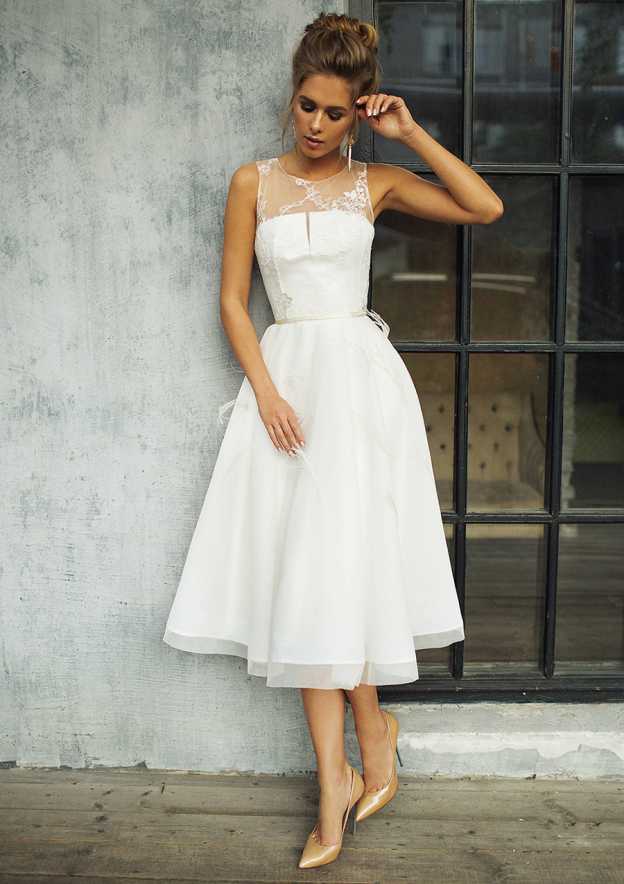 Lace Waistband Scoop Neck Sleeveless A-Line Wedding Dress with Tea-Length Tulle Skirt BM bride