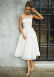 Lace Waistband Scoop Neck Sleeveless A-Line Wedding Dress with Tea-Length Tulle Skirt BM bride
