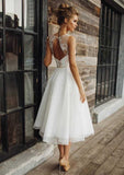Lace Waistband Scoop Neck Sleeveless A-Line Wedding Dress with Tea-Length Tulle Skirt BM bride