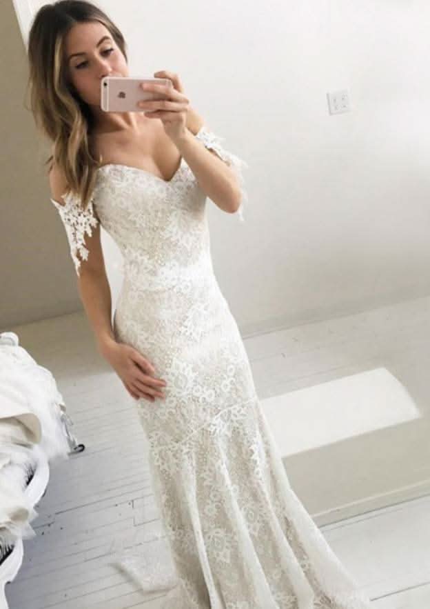 Lace Sweep Train Off-The-Shoulder Sleeveless Sheath Wedding Dress BM bride