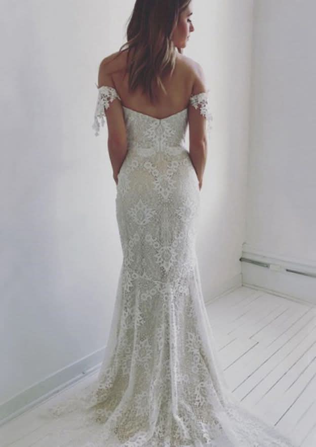 Lace Sweep Train Off-The-Shoulder Sleeveless Sheath Wedding Dress BM bride