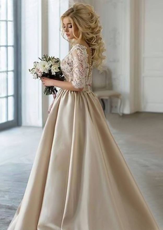 Lace V-Neck Long Satin Prom Dress for A-Line Silhouette BM bride