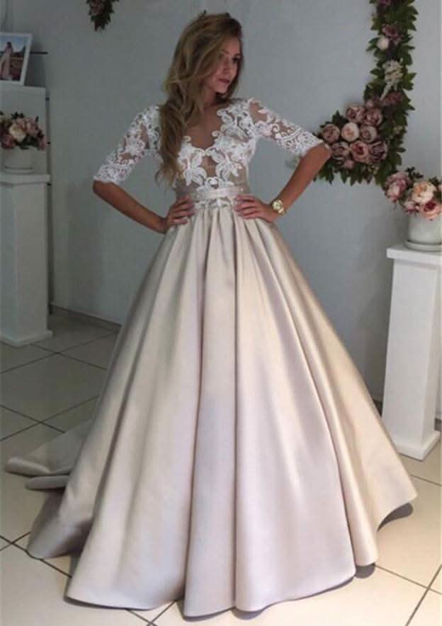 Lace V-Neck Long Satin Prom Dress for A-Line Silhouette BM bride