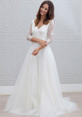 Lace 3/4 Sleeve V-Neck A-Line Wedding Dress with Sweep Train in Tulle BM bride