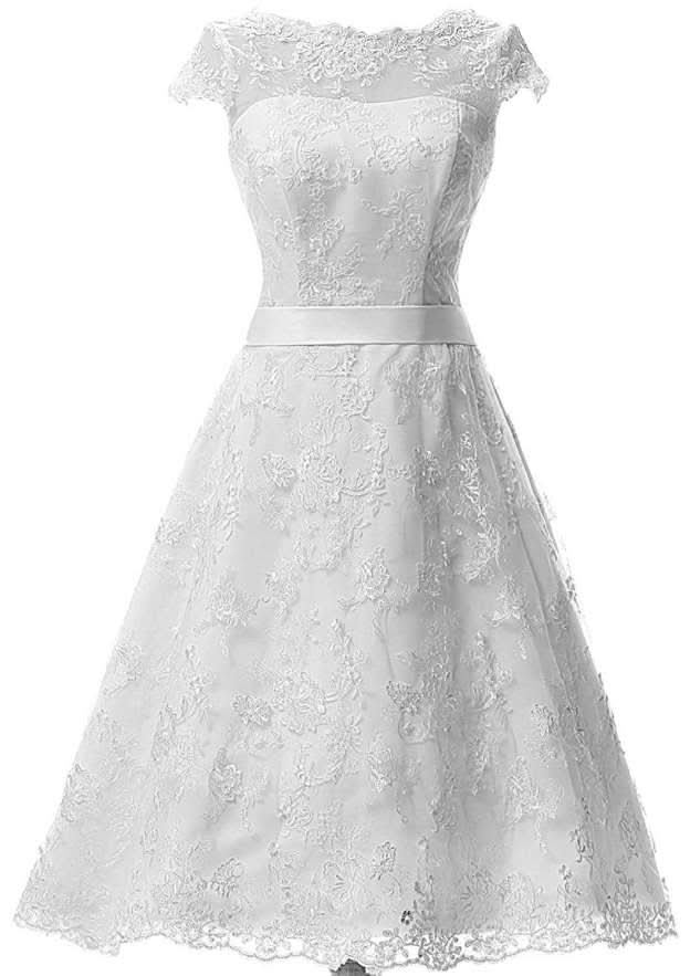 Sashes Bateau Sleeveless Tea-Length Lace A-Line Wedding Dress BM bride