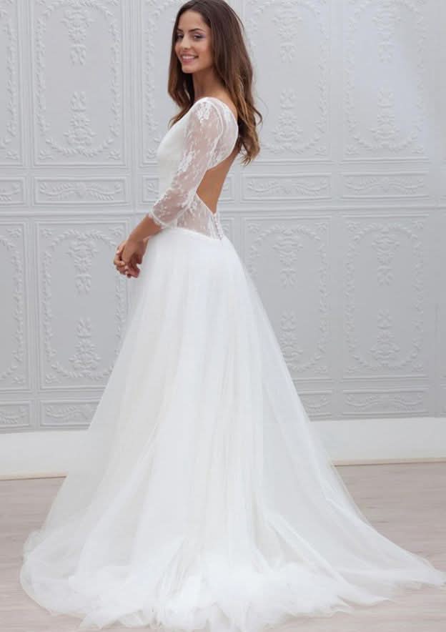 Lace 3/4 Sleeve V-Neck A-Line Wedding Dress with Sweep Train in Tulle BM bride