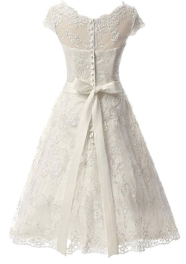 Sashes Bateau Sleeveless Tea-Length Lace A-Line Wedding Dress BM bride