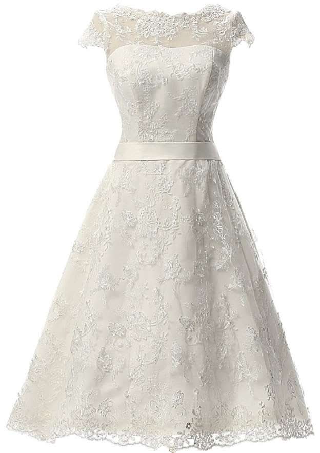 Sashes Bateau Sleeveless Tea-Length Lace A-Line Wedding Dress BM bride