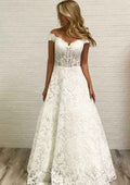 Lace Off-The-Shoulder Sleeveless A-Line Wedding Dress with Long Skirt BM bride