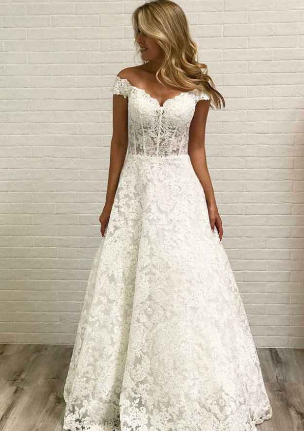 Lace Off-The-Shoulder Sleeveless A-Line Wedding Dress with Long Skirt BM bride