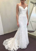 Sweetheart Sleeveless Trumpet/Mermaid Wedding Dress with Lace and Sweep Train BM bride