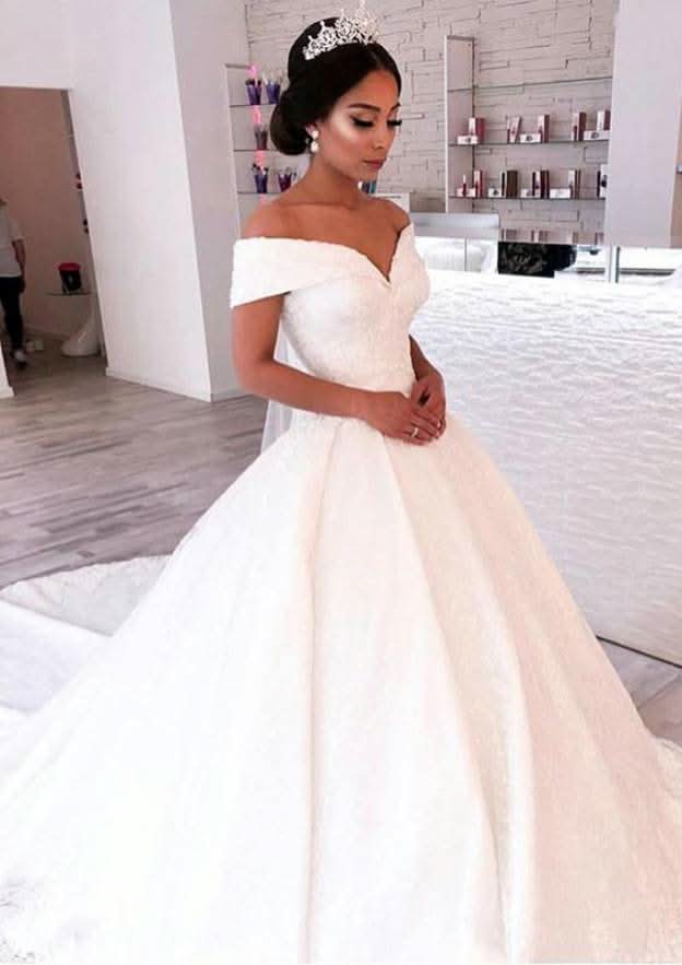 Off-the-Shoulder Sleeveless Ball Gown Wedding Dress with Lace and Chapel Train BM bride