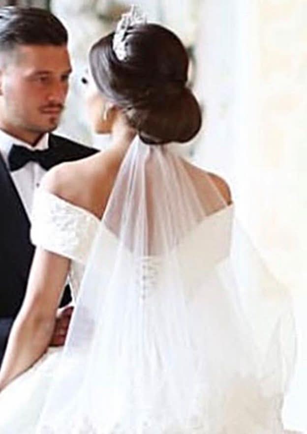 Off-the-Shoulder Sleeveless Ball Gown Wedding Dress with Lace and Chapel Train BM bride