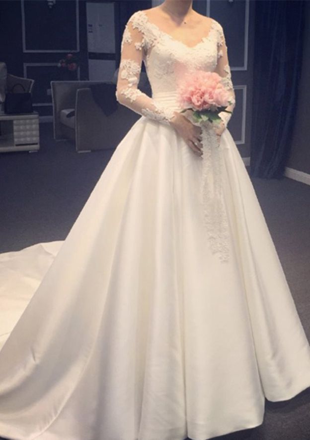 Appliqued Lace A-Line/Princess V-Neck Wedding Dress with Full Long Sleeves and Chapel Train in Satin BM bride