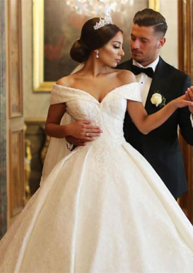 Off-the-Shoulder Sleeveless Ball Gown Wedding Dress with Lace and Chapel Train BM bride