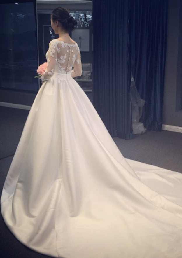 Appliqued Lace A-Line/Princess V-Neck Wedding Dress with Full Long Sleeves and Chapel Train in Satin BM bride