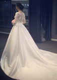 Appliqued Lace A-Line/Princess V-Neck Wedding Dress with Full Long Sleeves and Chapel Train in Satin BM bride
