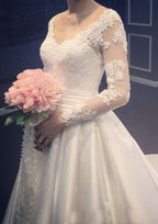 Appliqued Lace A-Line/Princess V-Neck Wedding Dress with Full Long Sleeves and Chapel Train in Satin BM bride