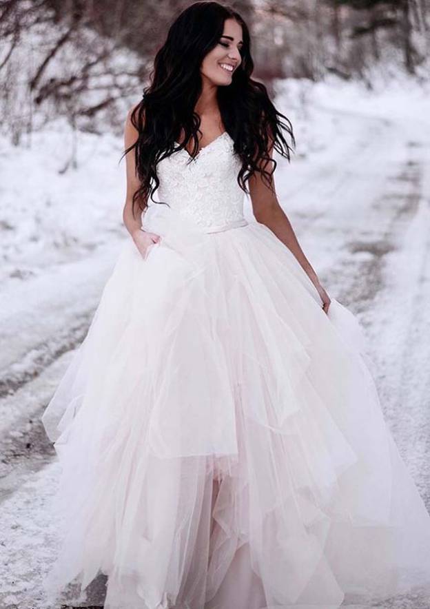Stylish A-Line/Princess V-Neck Sleeveless Asymmetrical Tulle Wedding Dress with Lace Details BM bride