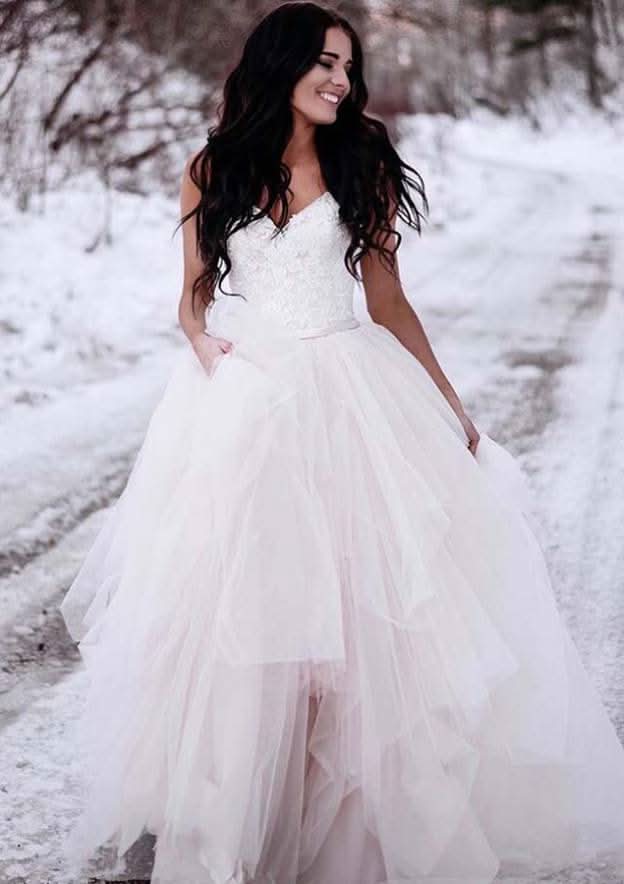 Stylish A-Line/Princess V-Neck Sleeveless Asymmetrical Tulle Wedding Dress with Lace Details BM bride