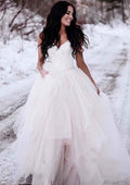 Stylish A-Line/Princess V-Neck Sleeveless Asymmetrical Tulle Wedding Dress with Lace Details BM bride