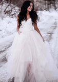 Stylish A-Line/Princess V-Neck Sleeveless Asymmetrical Tulle Wedding Dress with Lace Details BM bride
