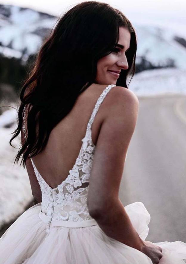 Stylish A-Line/Princess V-Neck Sleeveless Asymmetrical Tulle Wedding Dress with Lace Details BM bride