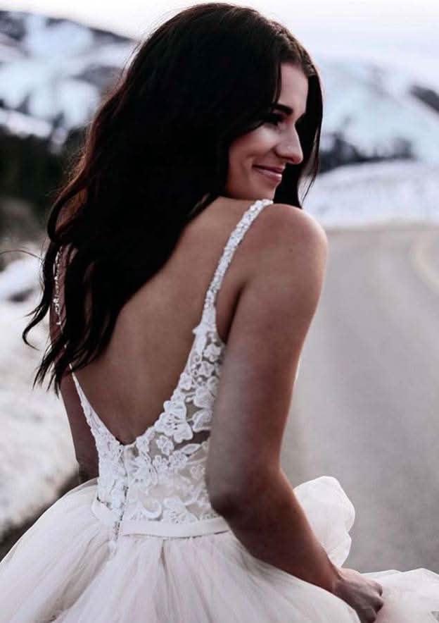 Stylish A-Line/Princess V-Neck Sleeveless Asymmetrical Tulle Wedding Dress with Lace Details BM bride