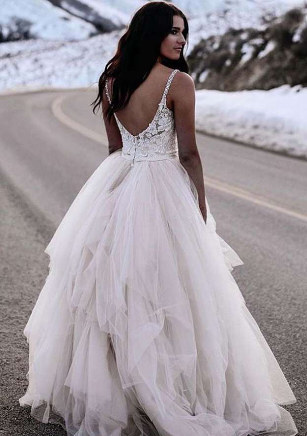 Stylish A-Line/Princess V-Neck Sleeveless Asymmetrical Tulle Wedding Dress with Lace Details BM bride