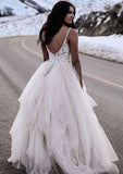 Stylish A-Line/Princess V-Neck Sleeveless Asymmetrical Tulle Wedding Dress with Lace Details BM bride