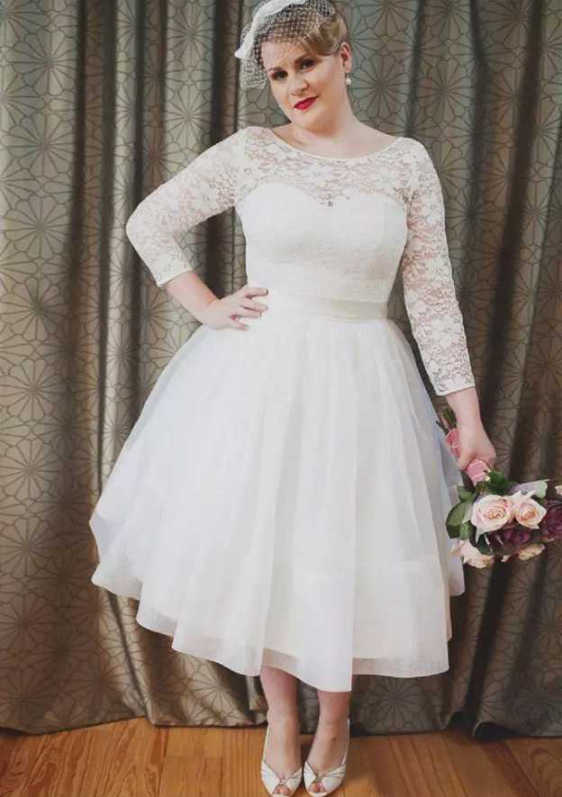 Graceful Ball Gown: Bateau Neck 3/4 Sleeve Tea-Length Tulle Wedding Dress with Lace Accents BM bride