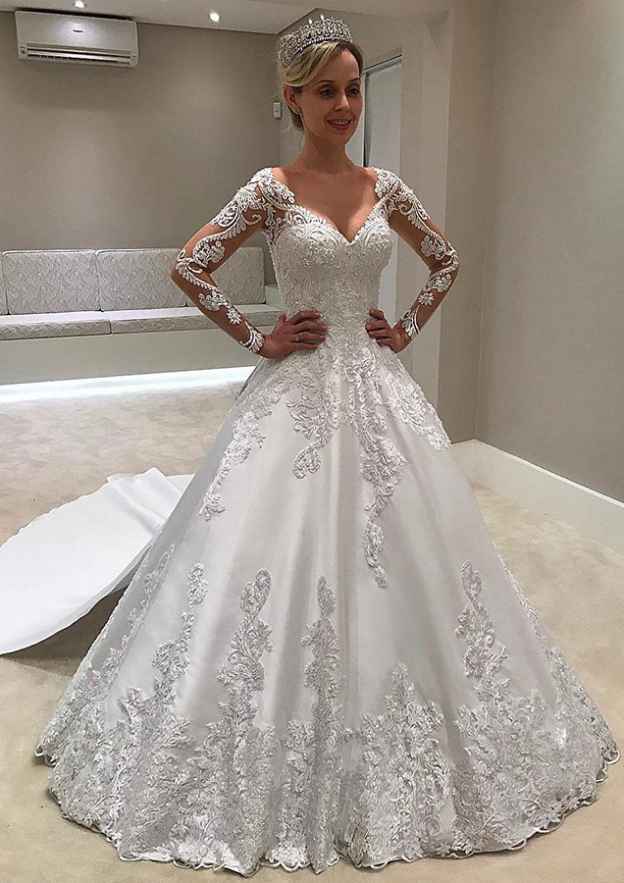 Sophisticated Ball Gown V-Neck Full-Length Sleeve Chapel Train Satin Wedding Dress with Applique Lace BM bride