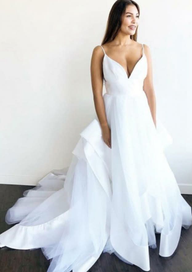 Ruffles V-Neck Sleeveless Ball Gown Wedding Dress with Chapel Train in Tulle BM bride
